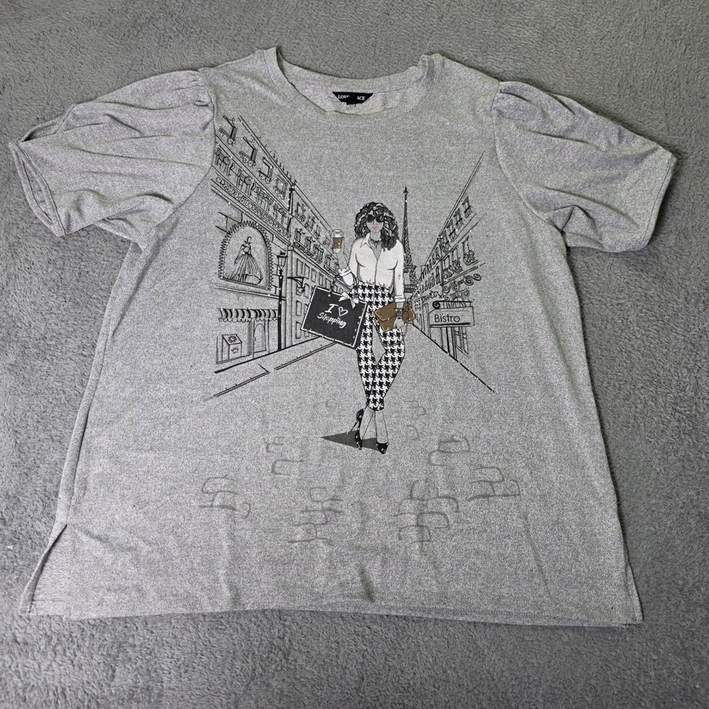 Love & Lace Womens 1X Top Grey Paris Graphic Rhinestone Puff Sleeve 5746